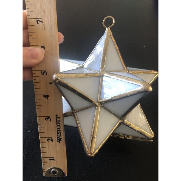 Vtg Stained Glass Moravian Star Hanging Light Holder Hinged Door Missing 1 Panel - Picture 7 of 7